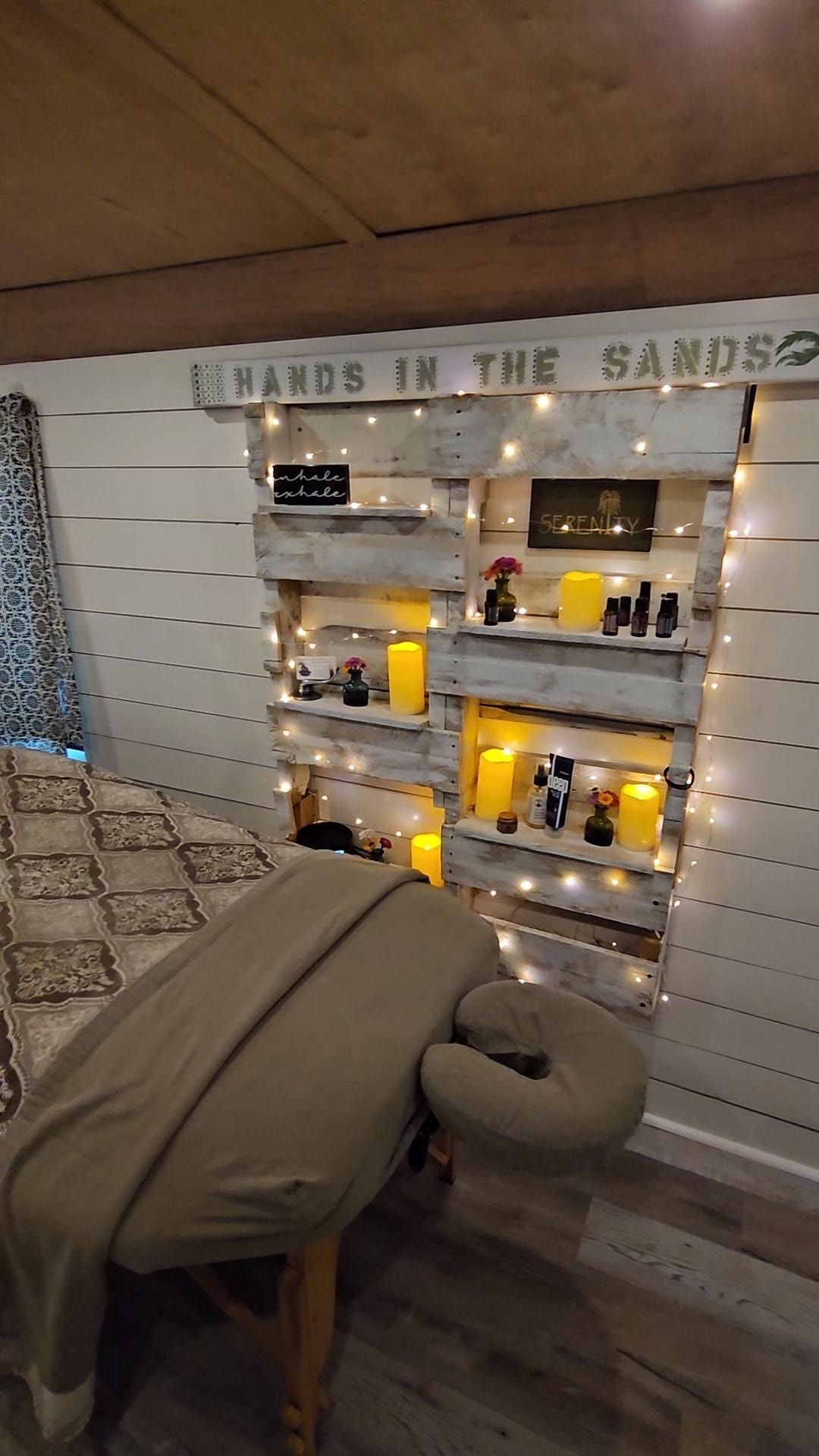 Spa shelf with candles and ambient lighting
